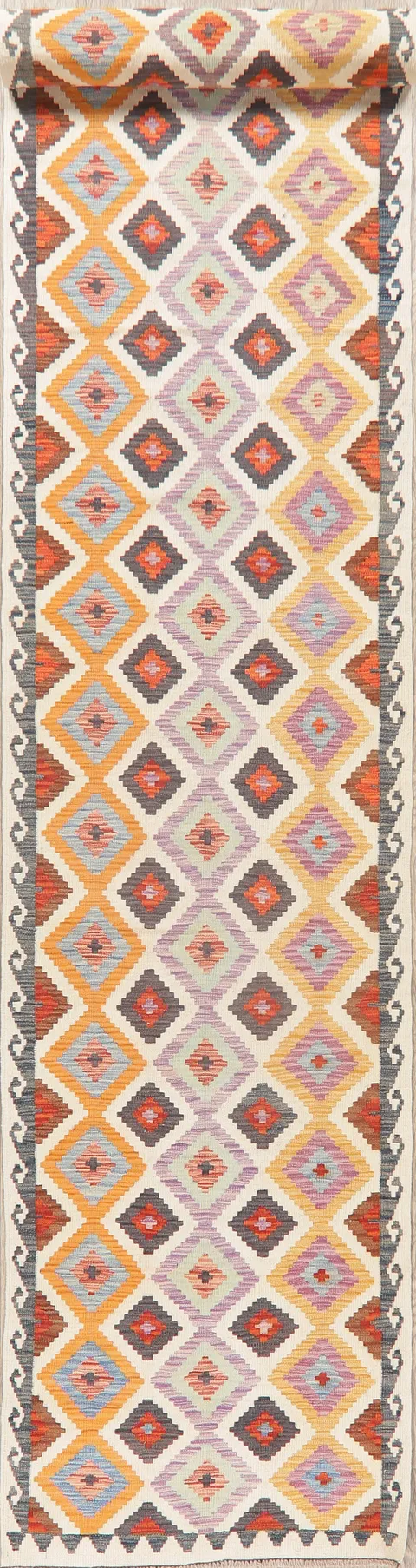 Pastel Geometric Kilim Turkish Runner Rug 3x16