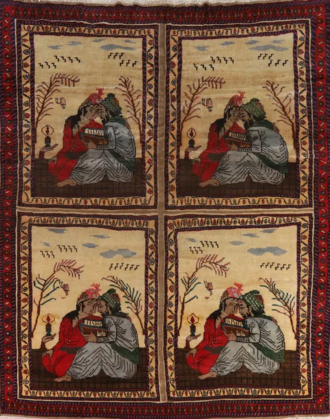 Vintage Pictorial Kashmar Persian Area Rug 9x11