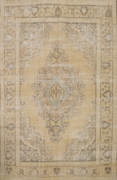 Vintage Distressed Tabriz Beige Persian Area Rug 7x10