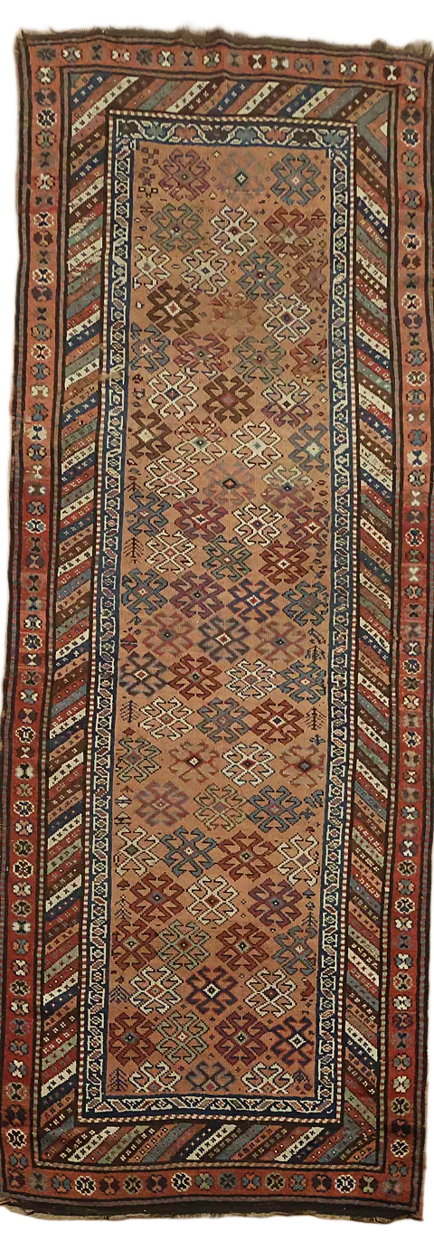 Antique Vegetable Dye Coral Kazak Caucasian Runner Rug 4x11