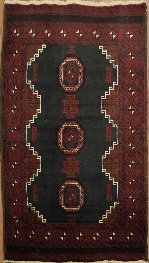 Richly Designed Geometric Navy Blue and Red Balouch Wool Rug 3x5