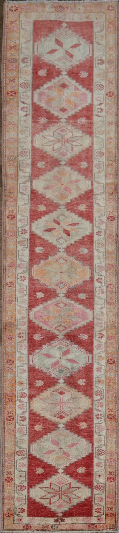 Antique Look Red and Coral Geometric Turkish Runner Rug 3x13