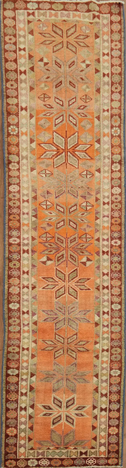 Exquisite Handwoven Orange Turkish Runner Rug with Intricate Border Design 3x10