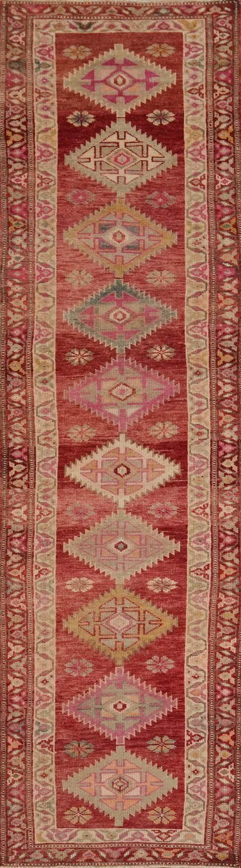 Geometric Red Anatolian Turkish Runner Rug 3x13