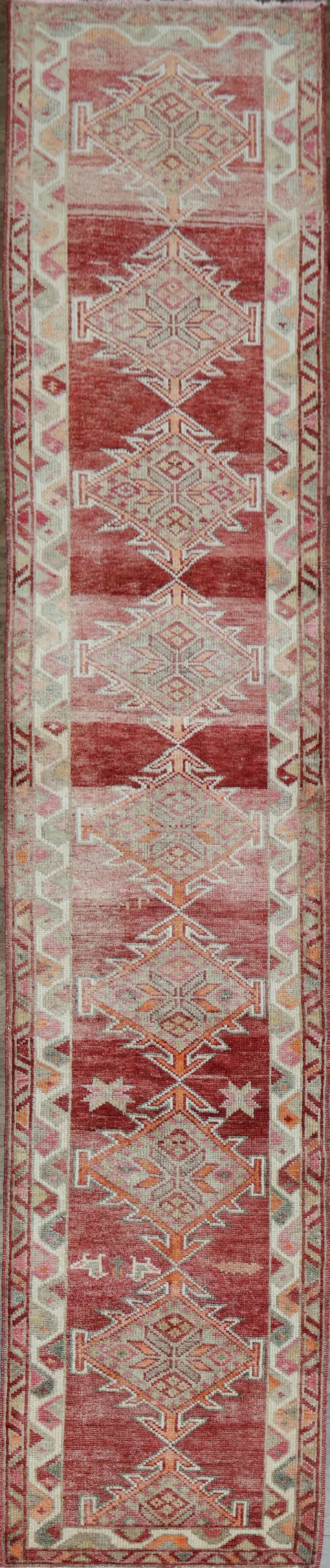 Rustic Charm: Red Geometric Turkish Tribal Runner for Hallways 3x12