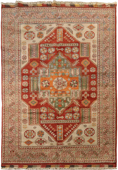 Traditional Rectangular Kazak Tribal Rug Featuring Rich Red and Earth Tones 5'x7'