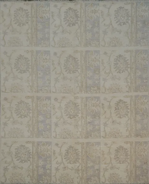 Luxurious Beige and Blue Oushak Turkish Rug with Elegant Floral Patterns 5x6