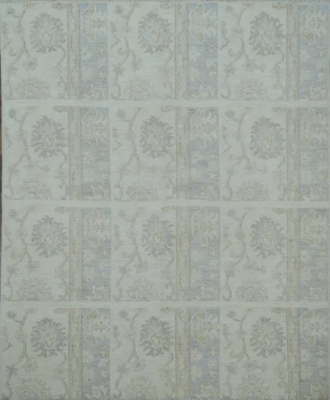 Elegant Faded Blue and Beige Floral Mortar Patterned Oushak Turkish Rug 5x6
