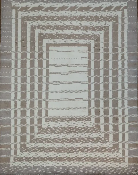 Beige and Ivory Geometric Rug with Hypnotic Design Elements 8x10