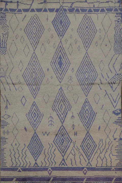 Beige and Blue-Diamond Tribal Art Rug Perfect for Living Areas 6x9