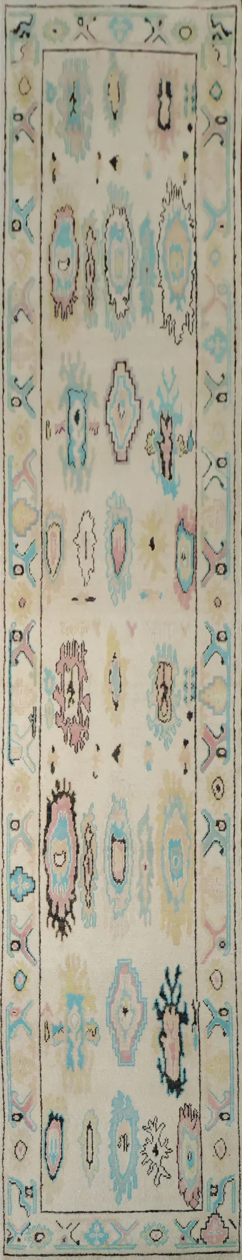 Elegant Hallway Oushak Turkish Runner Rug in Soft Hues of Blue and Beige 3x14 ft