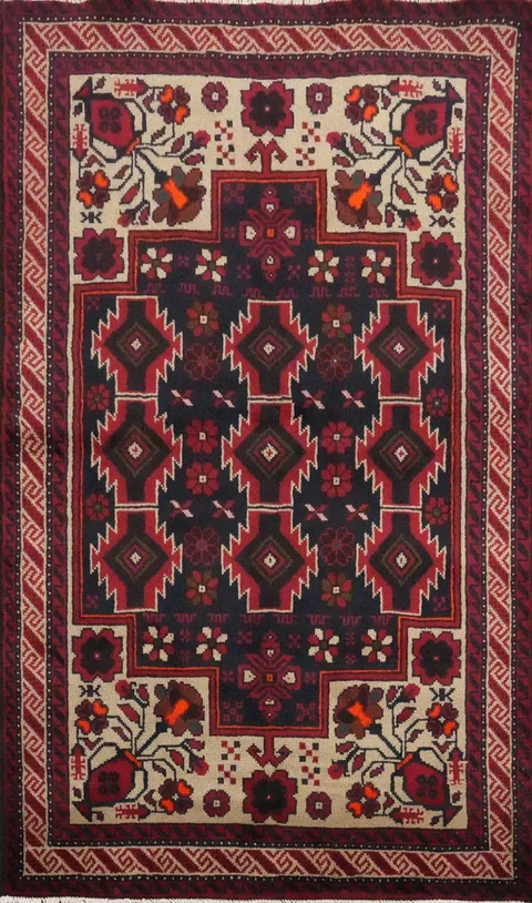 Navy Blue Geometric Balouch Oriental Area Rug 3x6