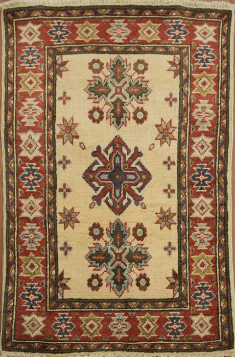 Geometric ivory Super Kazak Oriental Area Rug 2x3