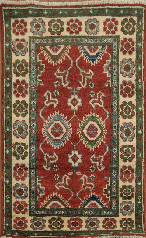 Red and Green Geometric Kazak Accent Rug 2x3