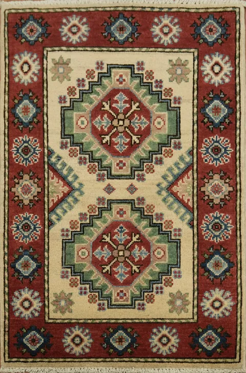 Geometric Red Green and Beige Kazak Wool Rug 2x3