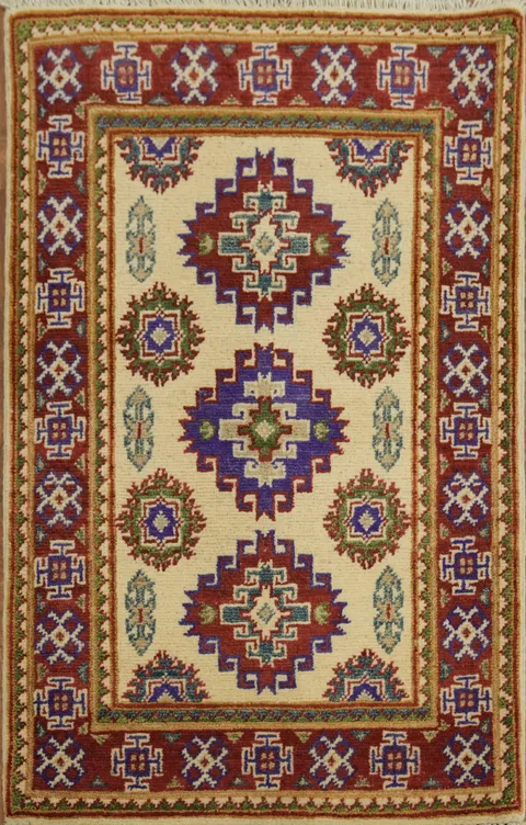 Vintage-Inspired Handmade Red and Beige Kazak Foyer Rug 2x3