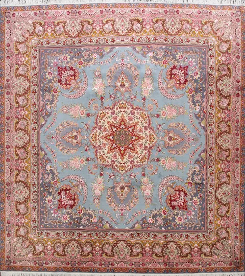 Handcrafted Oriental Square Rug with Stunning Blue and Red Hues 10x10