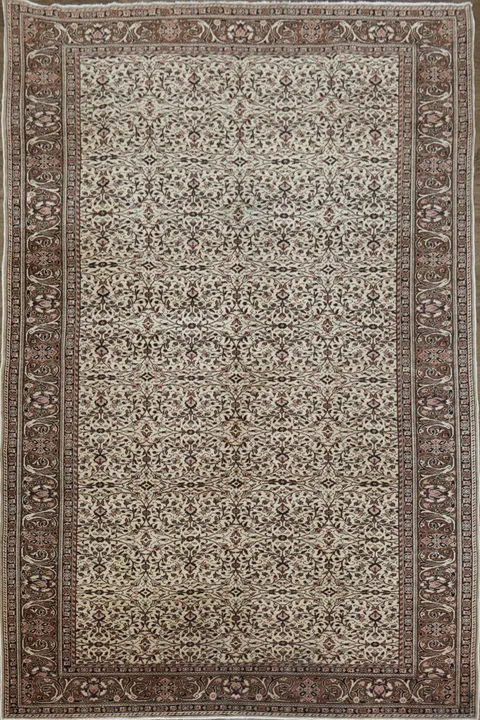 Vintage Floral Pattern Turkish Rug with Classic Brown Border Design 7x10