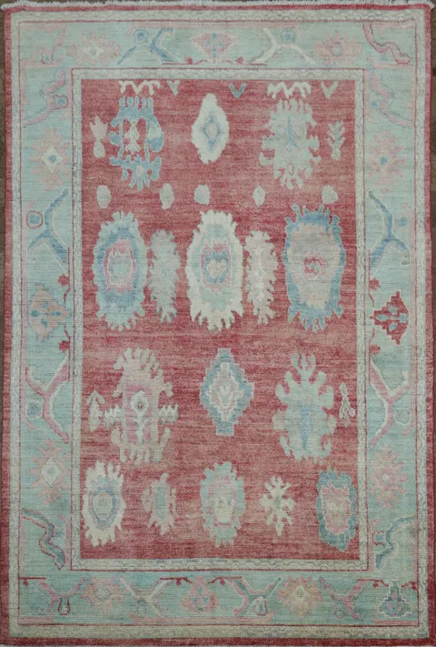 Chic Red and Aqua Oushak Turkish Rug for Modern Aesthetic Decor 6x9