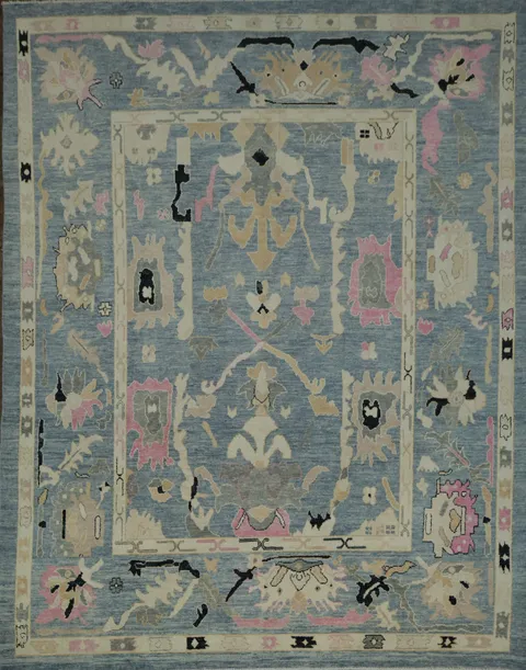 Elegant Grey Blue and Pink Oushak Turkish Rug with Traditional Design Motifs