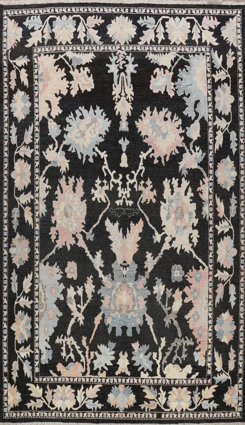Classic Black Oushak Turkish Rug with Elegant Pastel Floral Motifs
