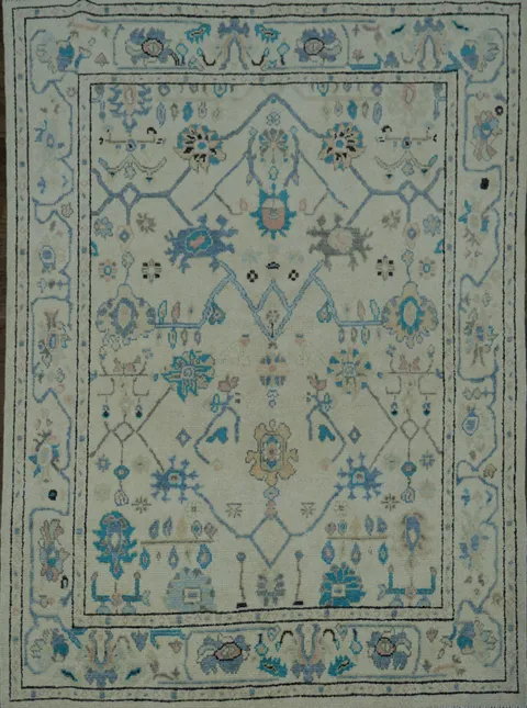 Geometric Beige and Blue Oushak Turkish Rug 5x6