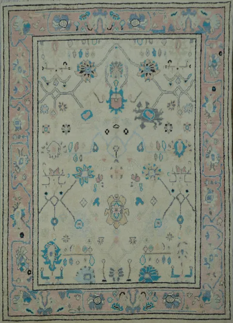Soft-Toned Beige and Pink Turkish Rug with Classic Oriental Patterns 5x6
