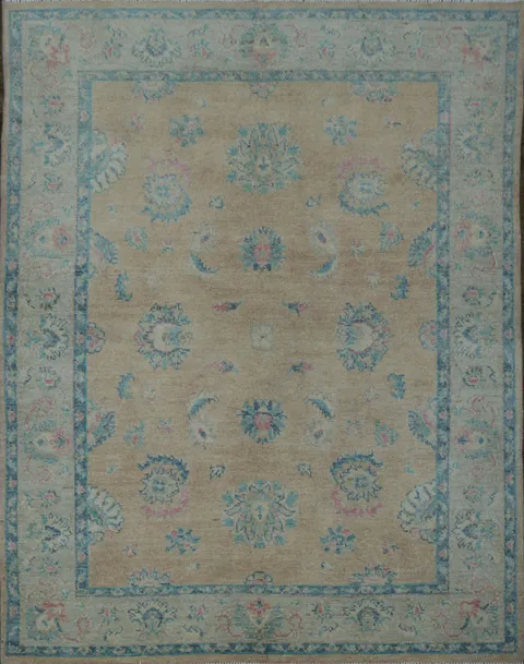 Muted Peach Coral and Turquoise Blue Oushak Turkish Rug 5x6
