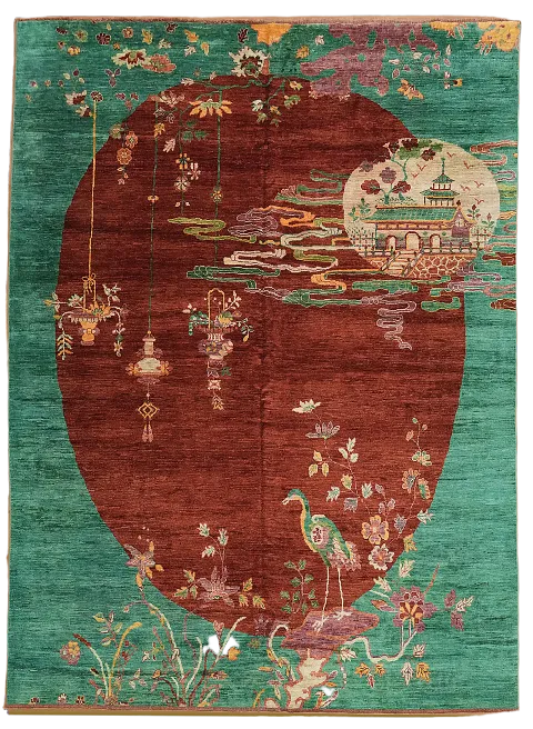 Artisan Choice Art Deco Chinese Pagoda Pictorial Hand-Knotted Wool Rug 9x13
