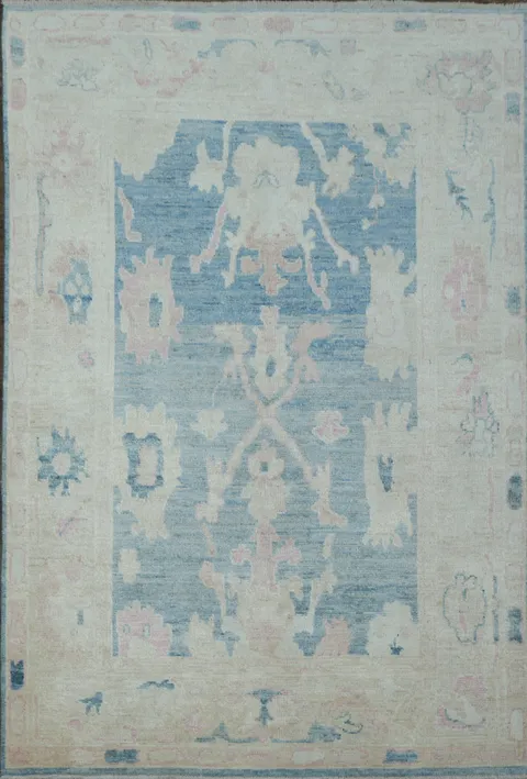 Chic Blue and Pastel Toned Oushak Turkish Rug with Antique Charm 5x8
