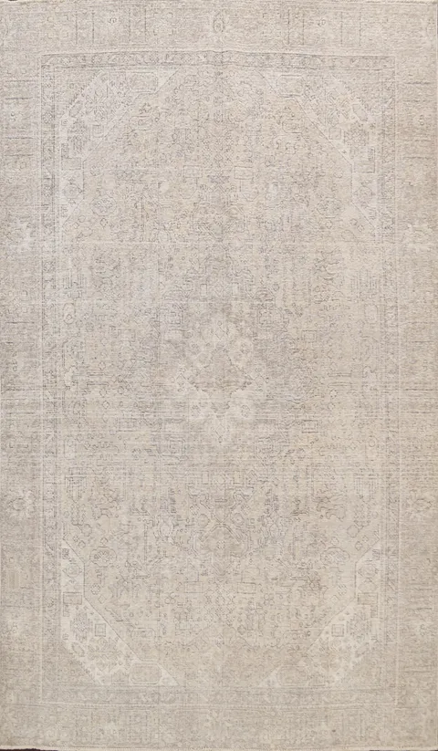 Muted Distressed Geometric Tabriz Persian Area Rug 7x10