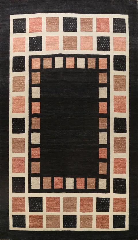 Black Checkered Gabbeh Kashkoli Oriental Large Rug 10x14