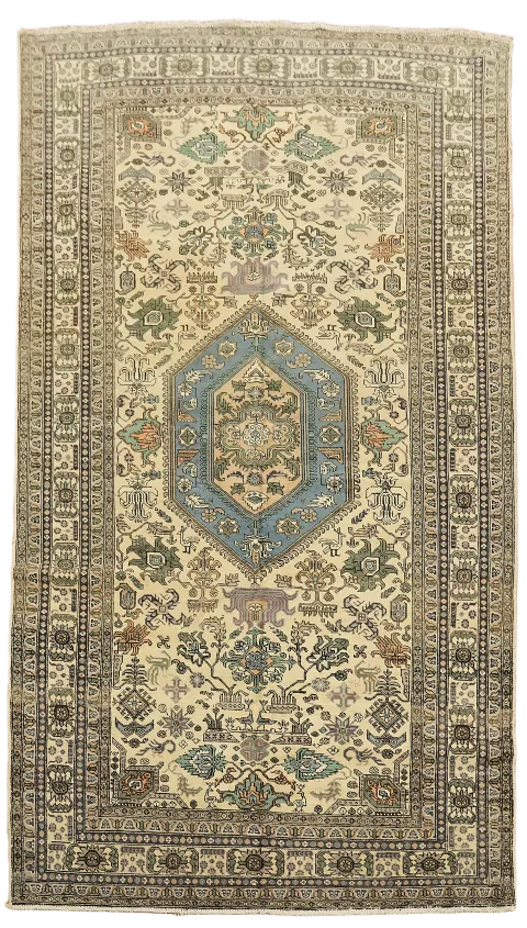 Geometric Vintage Beige and Blue Tabriz Persian Wool Rug 5x9