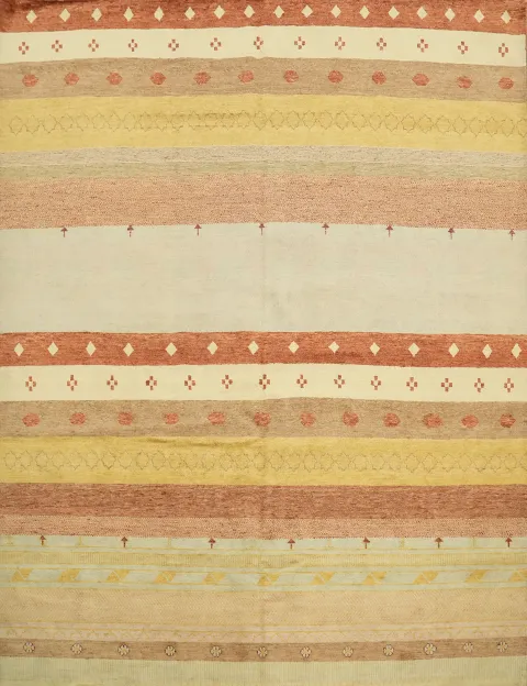 8'x10' Gabbeh Rug Blending tradition and elegance in soft beige stripes and accents