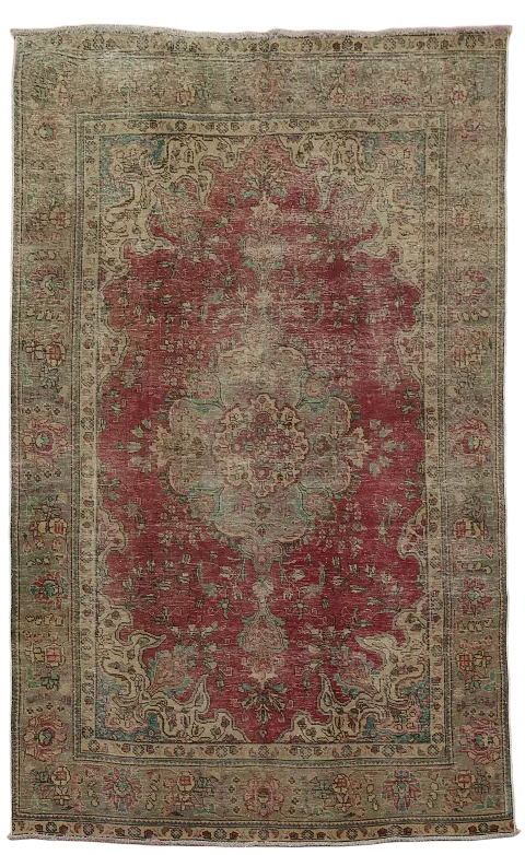 Arabesque Delight: Crimson Distressed Persian Vintage Rug