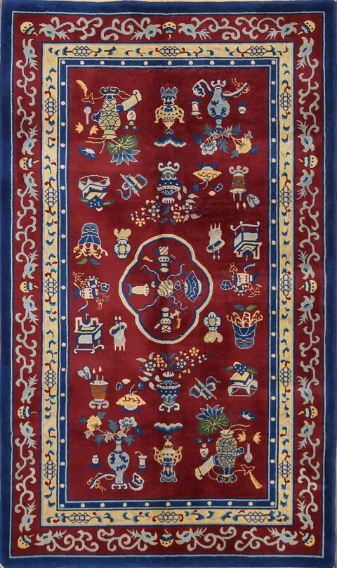 Masterfully Crafted Luxury Art Deco Chinese Rug Featuring Cultural Motifs and Symbols 5x8