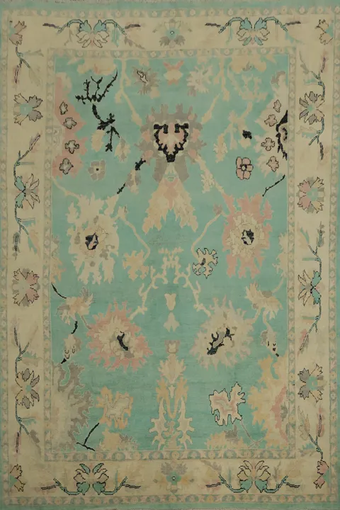 Charming Pastel-Toned Turquoise Floral Oushak Area Rug 9x11