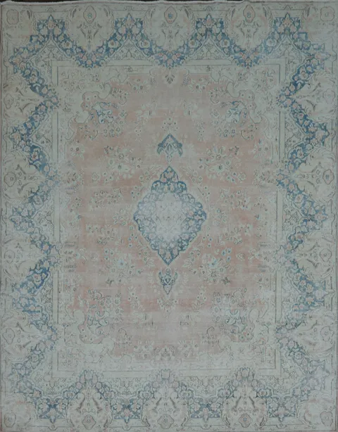 Muted Coral Pink Distressed Kerman Persian Area Rug 10x13