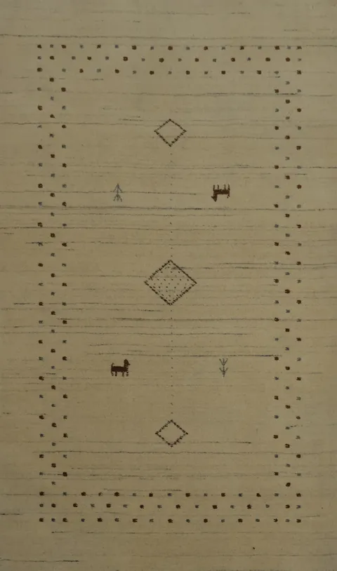 Artisan Ivory Rug with Subtle Geometric and Animal Patterns 3x5
