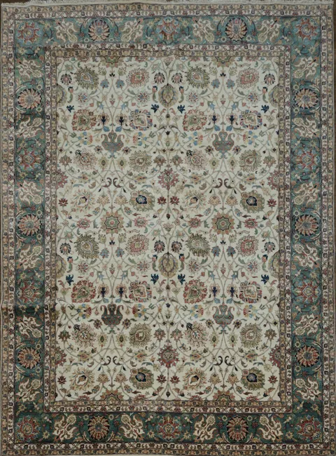 Ivory and Teal All-Over Floral Ziegler Vegetable Dye Rug 9x12