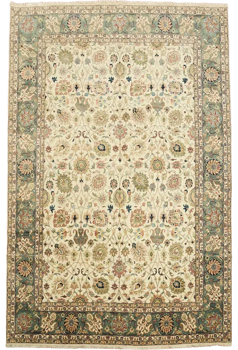 Ivory and Teal All-Over Floral Ziegler Vegetable Dye Rug 9x12
