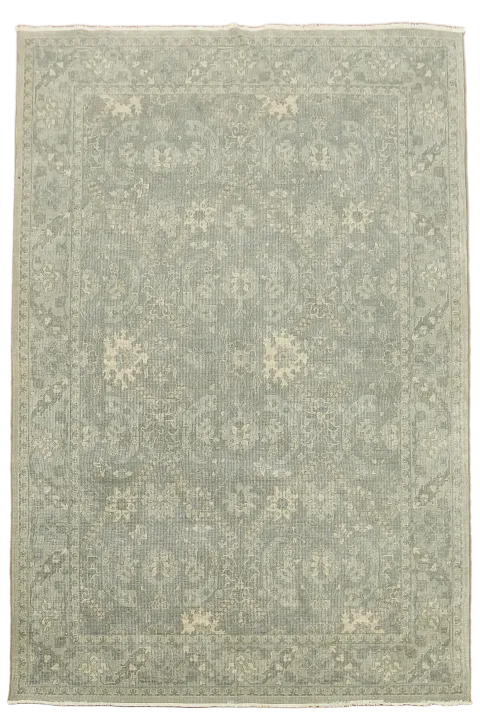 Distressed Grey Blue Rug with Vintage Patterns 7'x10'