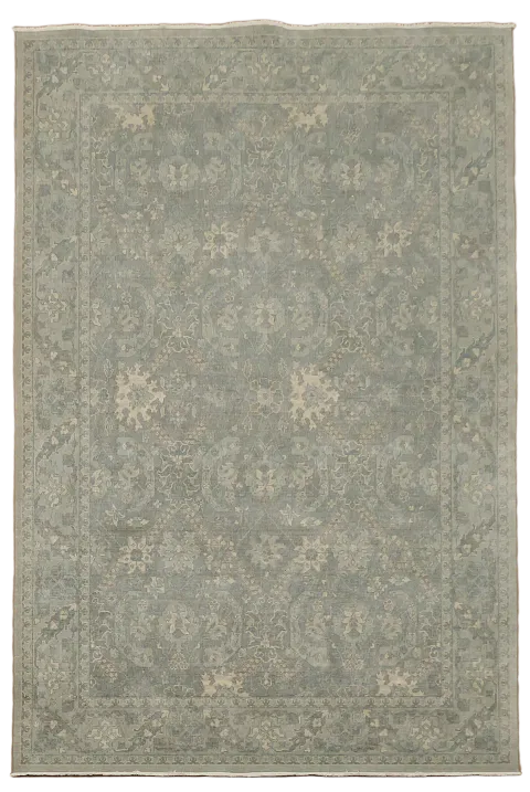 Distressed Grey Blue Rug with Vintage Patterns 7'x10'