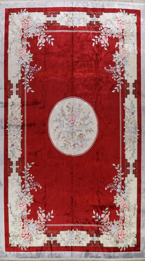 Red and White Chinese Pure Silk Art Deco Large Rug 12'x18'