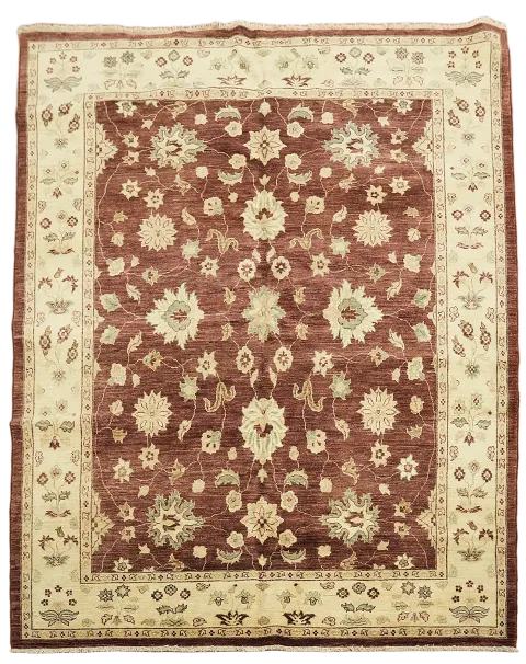 Elegant Floral Pattern Burgundy Rug with Classic Beige Border Design 7x8 ft
