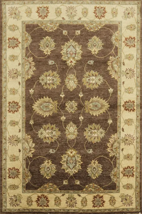 Traditional Brown and Beige Floral Patterned Peshawar Area Rug 4x6