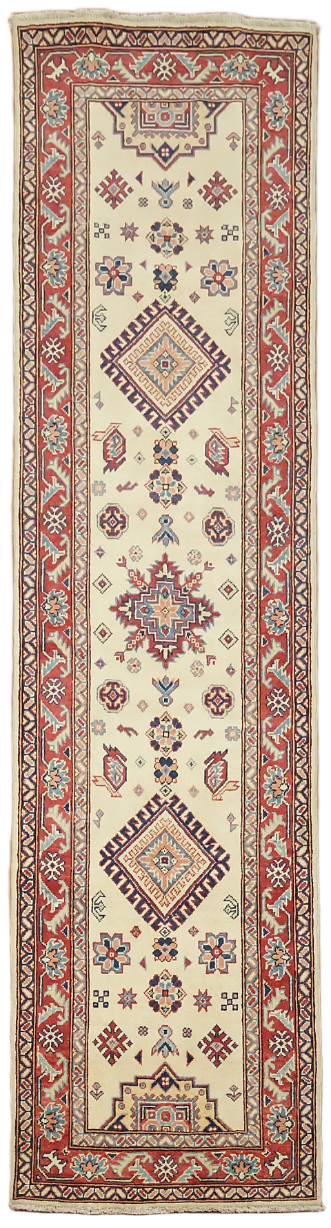 Elegant Geometric Patterned Kazak Runner Rug with Vibrant Hues 3x10