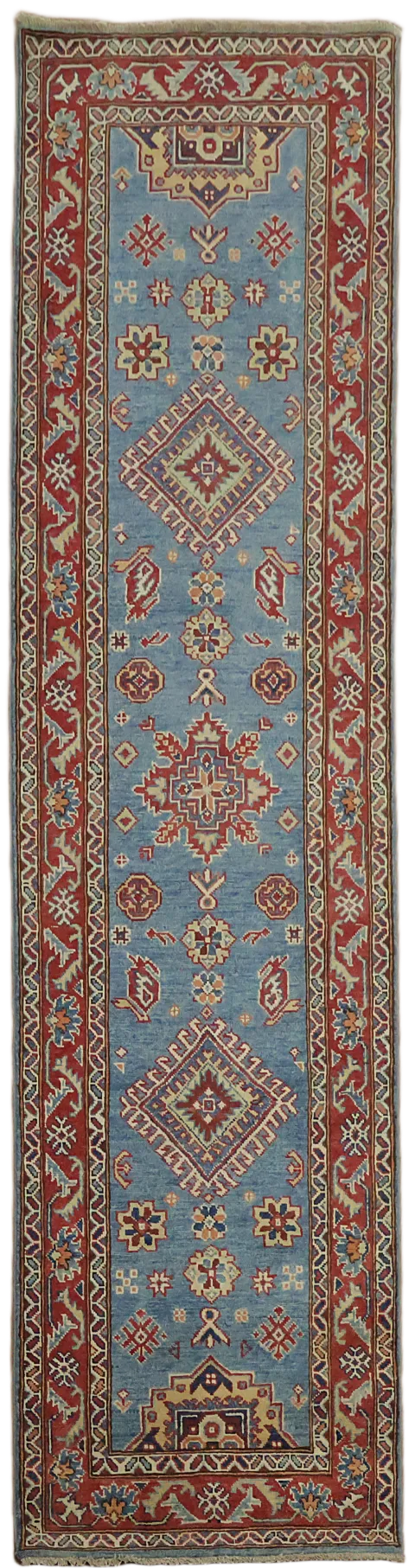 Kazak Geometric Patterns on a Classic Blue and Red Rug Runner 3'x10'