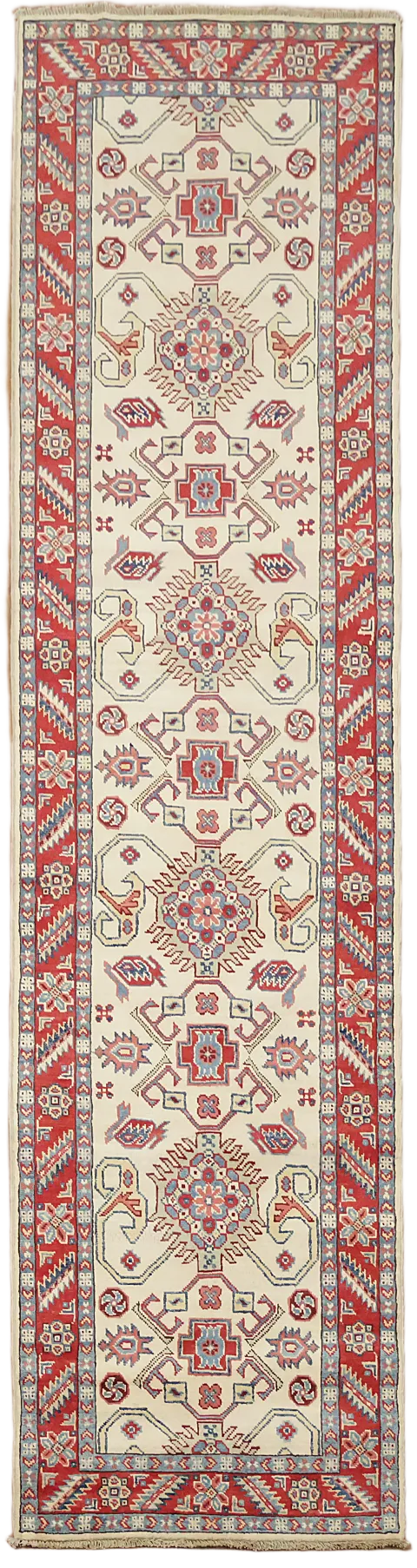 Geometric Traditional Ivory and Red Kazak Wool Runner Rug 3x10