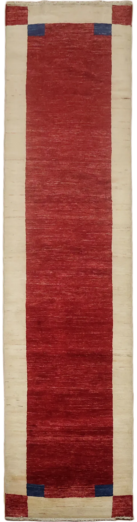 Contemporary Deep Red Gabbeh Runner with Ivory and Blue Corners 3x10
